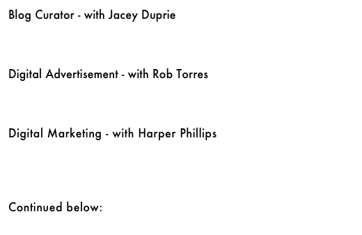 Blogger - with Jacey Duprie&#10;￼&#10;&#10;&#10;&#10;Digital Advertisement - with Rob Torres&#10;￼&#10;&#10;&#10;&#10;Photography - with Jae Feinberg&#10;￼&#10;&#10;&#10;&#10;Writing - with Diane Goldner&#10;￼